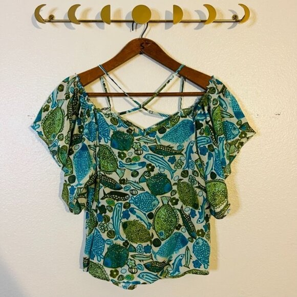 Anthropologie Vanessa Virginia Silk Fish Print Off Shoulder Blouse - Picture 7 of 12